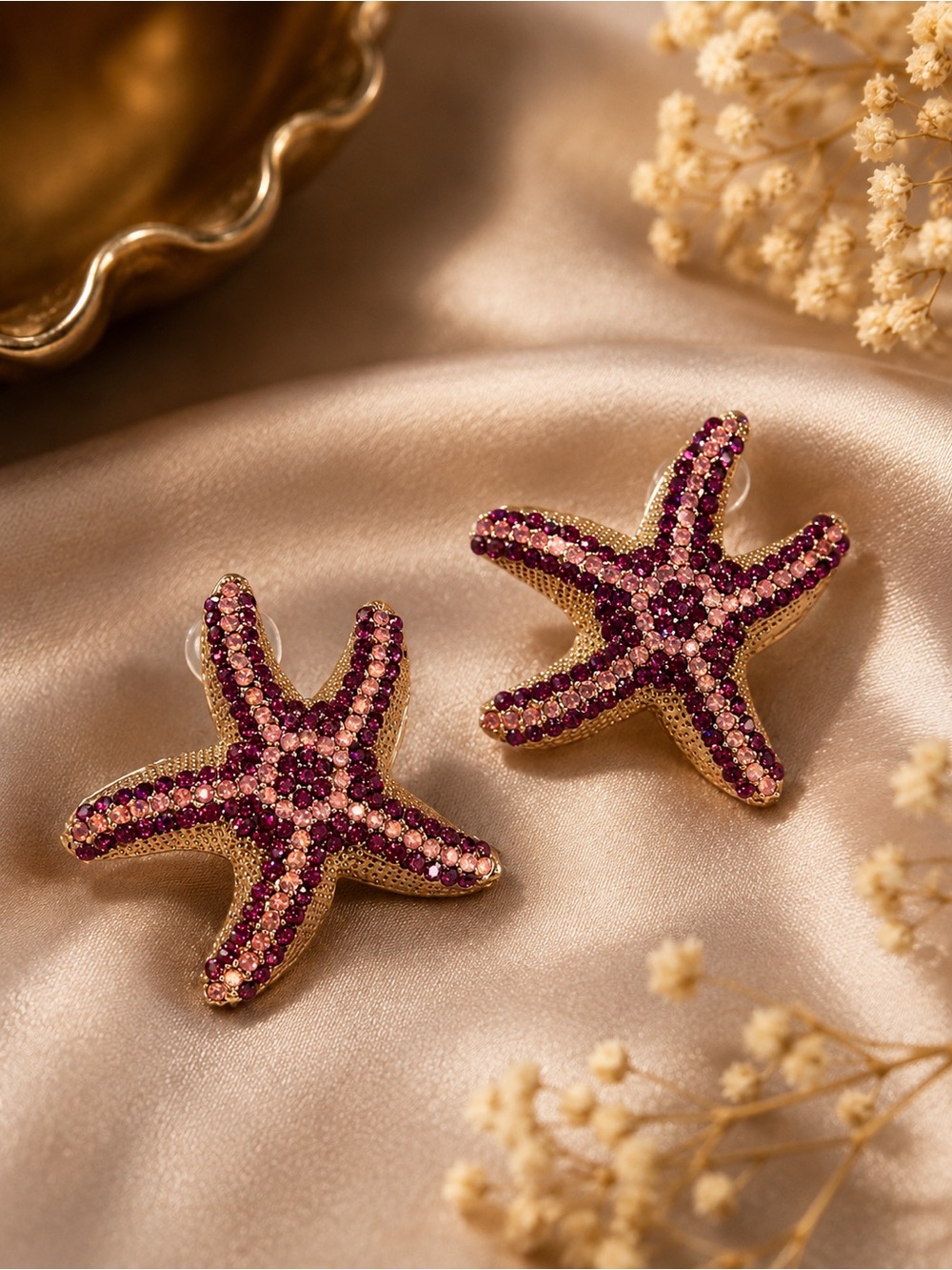 Gold Starfish Stud Earrings with Pink and Magenta rhinestones